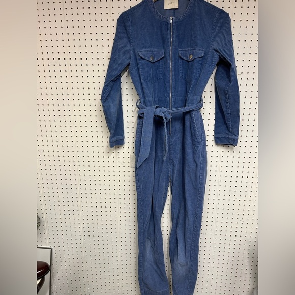 Just Female Harlow Courduroy Blue Jumpsuit with Waist Tie - Picture 3 of 7